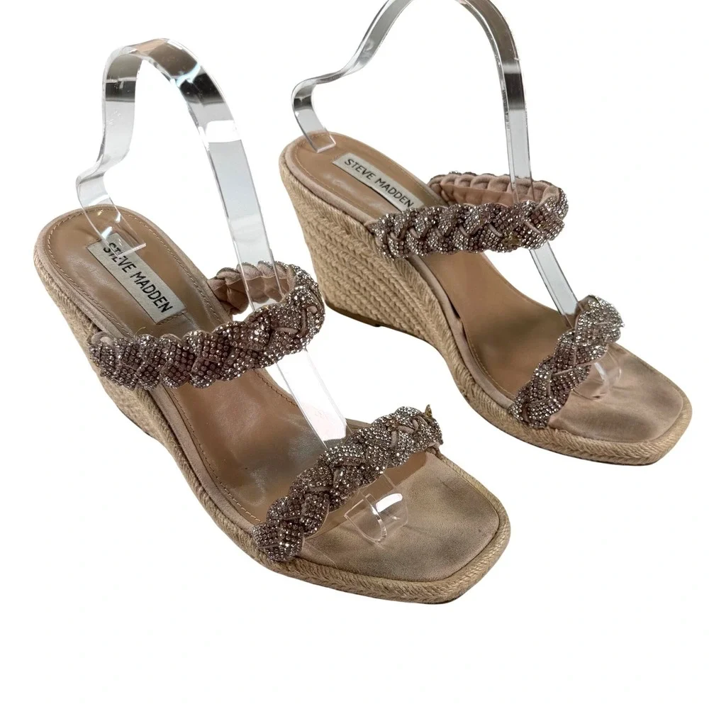 Steve Madden Espadrille Wedge Sandals‎ Rhinestone Braided Straps Size 9.5 Summer